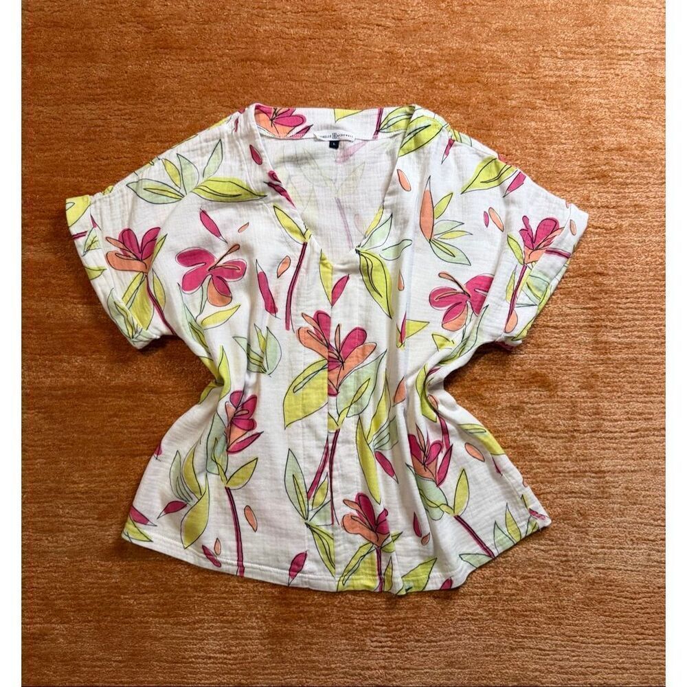 Michelle McDowell Floral Short Sleeve Top White Multicolor Women’s L